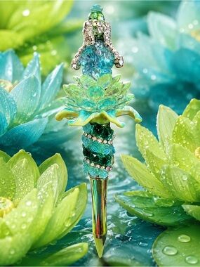 Handmade Crystal Lotus Pen in Aqua Green and Teal